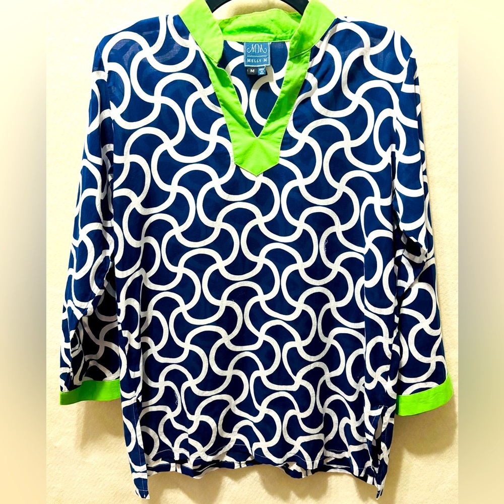 Melly M Coastal Vacation Blue White Green Med Tunic Shirt